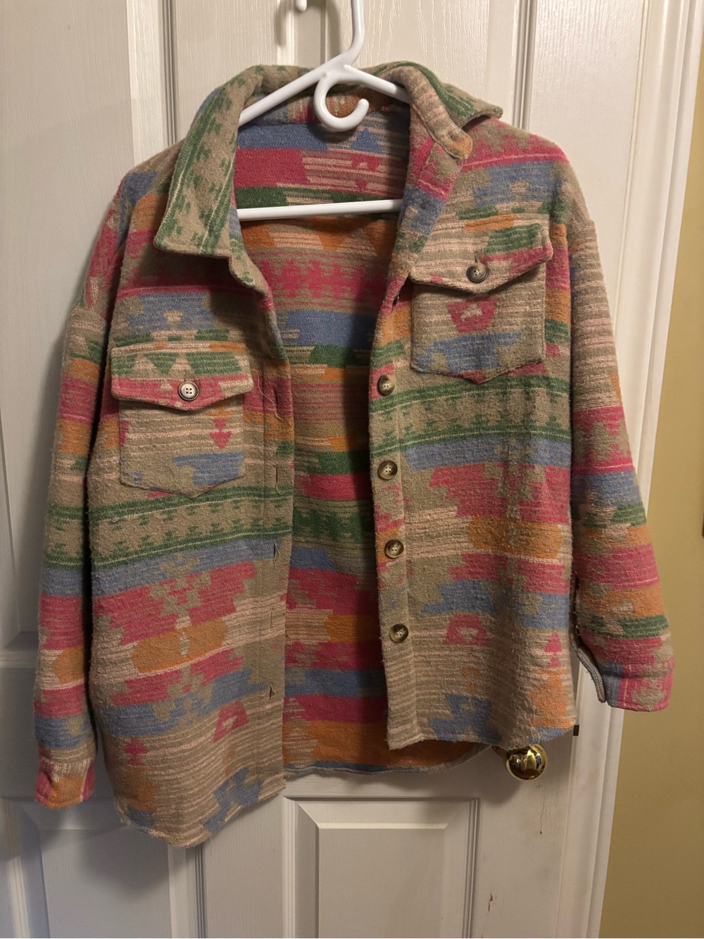 Neutral-Tone Patterned Utility Jacket with Pink & Green Accents